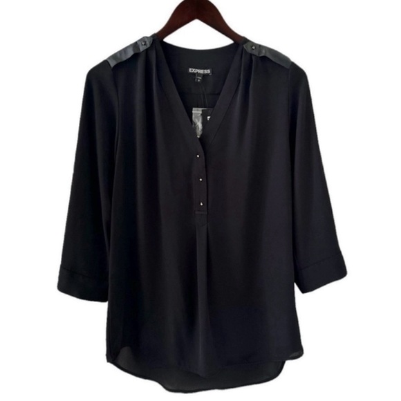 Express Black V-Neck 3/4 Sleeve Blouse with Satin Shoulder Epaulettes Size Small - Picture 2 of 5